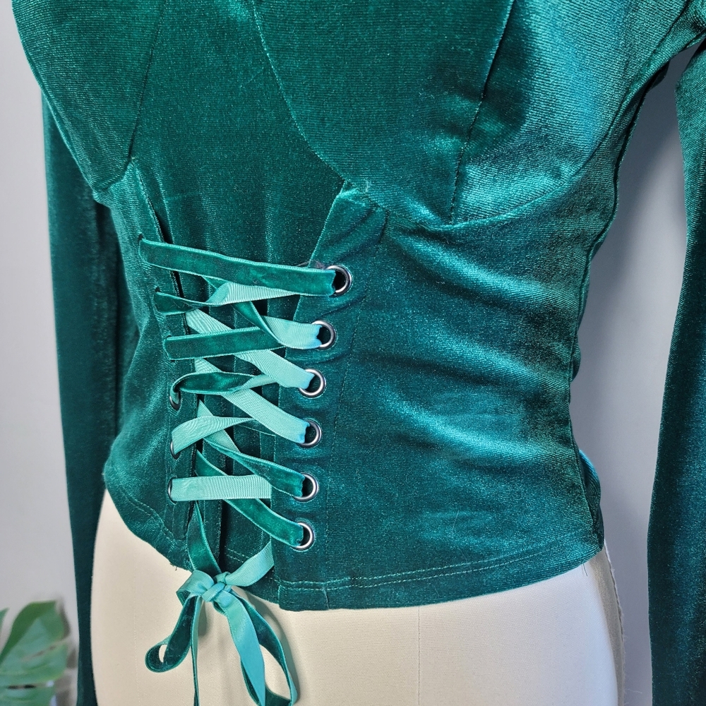 Thorn & Fable Velour Corset Top Lace Up Fairycore Green Size Small - Picture 3 of 8